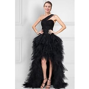 Ball Gown Prom Dresses Black Dress Masquerade Asymmetrical Sleeveless One Shoulder Tulle Ladder Back with Pure Color 2023 Lightinthebox