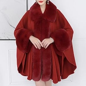 Women's Cloak  Capes Warm Breathable Party Street Going out Walking Fur Collar Single Breasted V Neck Fashion OL Style Elegant Lady Solid Color Regular Fit Outerwear Long Sleeve Winter Fall Black Lightinthebox