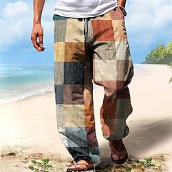 Men's Hawaiian Plaid Pants Vacation 3D Print Side Pockets Elastic Drawstring Design Pants Trousers Straight-Leg Trousers Outdoor Hawaiian Holiday Polyester Yellow S M L Medium Waist Lightinthebox