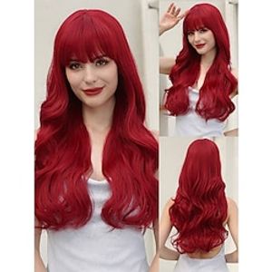Red Wig With Bangs Ombre Burgundy Red Color Wig Wavy Long Curly Wave Synthetic Heat Resistant Fiber Hair Wigs for Women Daily Party Halloween Cosplay Wigs 26 Inch Christmas Party Wigs miniinthebox