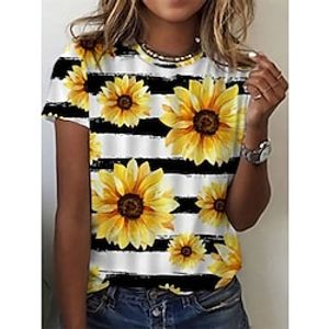 Women's T shirt Flower Patchwork Print Round Neck Basic Tops Rainbow  3D Print Lightinthebox