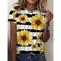 Women's T shirt Flower Patchwork Print Round Neck Basic Tops Rainbow  3D Print Lightinthebox - thumbnail