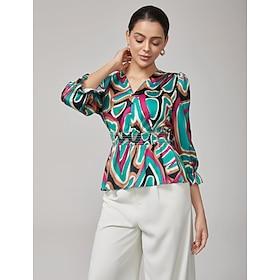 Colorful Abstract Print Satin Top with Cinched Waist