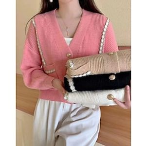 Women's Cardigan Sweater Jumper Waffle Knit Hollow Out Button Solid Color V Neck Casual Daily Weekend Winter Fall Black White One-Size Lightinthebox