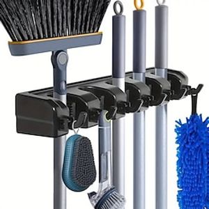 Broom Holder, Wall Mounted Garden Tool Organizer, Home Laundry Room, Kitchen, Closet, Shed, Garage Organization And Storage Utility Rack, 5 Slots  6 Hooks, Rake, Shovel, Mop Hanger Lightinthebox