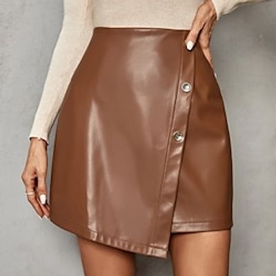 Women's Skirt Mini Faux Leather Brown Skirts Fall  Winter Split Ends Fashion Casual Street Daily S M L miniinthebox