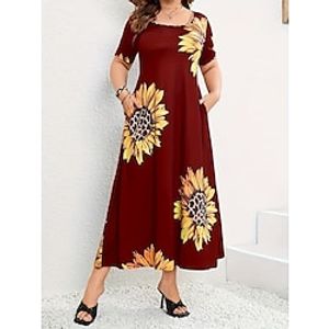 Women's Summer Dress Sunflower Patchwork Crew Neck Midi Dress Classic A Line Holiday Vacation Short Sleeve Regular Fit Black Red Blue Summer S M L XL XXL Lightinthebox