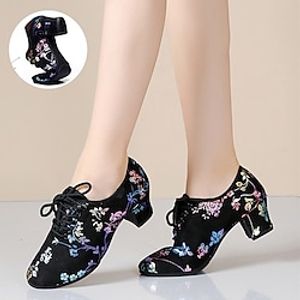 Women's Practice Trainning Dance Shoes Performance Training Heel Flower Cuban Heel Round Toe Lace-up Adults' Black miniinthebox