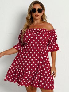 Plus Size Off The Shoulder Polka Dot Lettuce-Edge Half Sleeves Dress