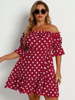 Plus Size Off The Shoulder Polka Dot Lettuce-Edge Half Sleeves Dress - thumbnail