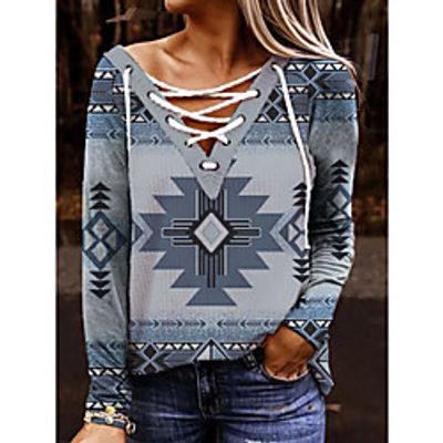 Women's Sweatshirt Pullover Geometric Tribal Lace up Print Daily Sports 3D Print Basic Ethnic Hoodies Sweatshirts  Blue Lightinthebox
