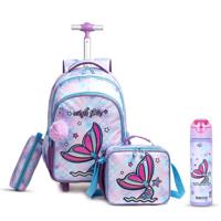 Eazy Kids 18Inch Set Of 4 Trolley School Bag With Stainless Steel 640Ml Water Bottle Lunch Bag And Pencil Case - Mermaid Purple