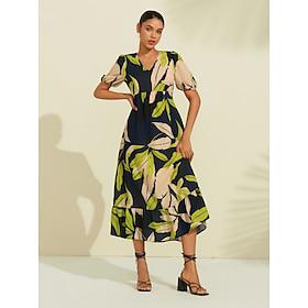 Green Leaves Pattern V Neck Midi Dress