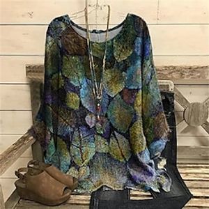 Women's Plus Size Tops Blouse Shirt Leaf Print Long Sleeve Crewneck Casual Daily Vacation Polyester Winter Fall Blue Yellow Lightinthebox