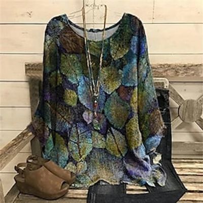 Women's Plus Size Tops Blouse Shirt Leaf Print Long Sleeve Crewneck Casual Daily Vacation Polyester Winter Fall Blue Yellow Lightinthebox
