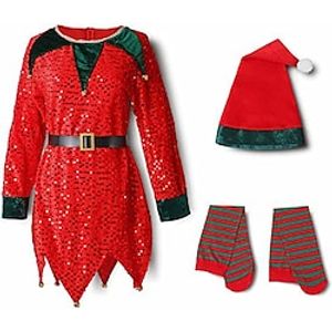 Santa Claus Elf Mrs.Claus Christmas Dress Fancy Christmas Dress Girls' Christmas Christmas Masquerade Christmas Eve Kid's Party Christmas New Year Eve 100% Linen Dress Socks Hat miniinthebox
