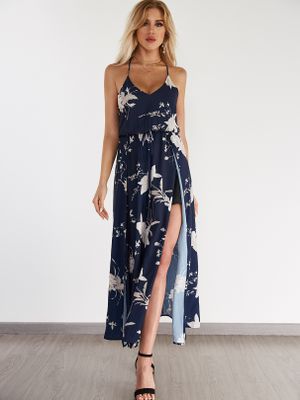 Black Random Floral Print Plunge V-neck & Side Splits Maxi Dress Black Random Floral Print Plunge V-neck & Side Splits Maxi Dress