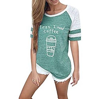 toamen women's summer t-shirt, first i need coffee, women valueweight simple casual loose round neck letter printing short sleeve tops blouse jumper t-shirt (green, size mbust 37.0) Lightinthebox