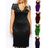 Women's Plus Size Party Dress Lace Dress Bodycon Solid Color Midi Dress Short Sleeve Lace V Neck Fashion Party Black Wine Summer Spring L XL XXL 3XL 4XL Lightinthebox - thumbnail