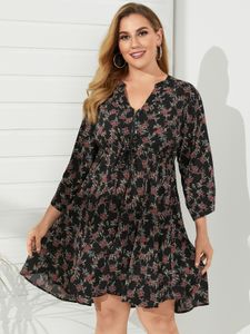 YOINS Plus Size V-neck Floral Print Zip Front 3/4 Length Sleeves Mini Dress