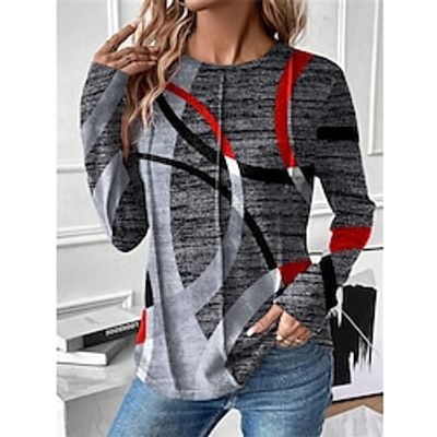 Women's T shirt Tee Geometric Red Blue Purple Print Long Sleeve Daily Weekend Fashion Round Neck Regular Fit Spring   Fall Lightinthebox