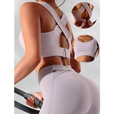 Women's Medium Support Sports Bra Running Bra Cross Back Back Clasp Sports Bra Padded Fitness Gym Workout Running Breathable Shockproof Sweat wicking Spandex Dark Grey Yan pink Light Coffee Letter Lightinthebox
