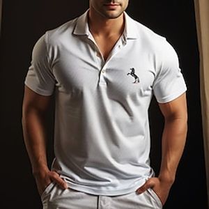 Men's Polo Shirt Button Up Polos Casual Sports Lapel Short Sleeve Fashion Basic Horse Embroidered Summer Regular Fit Black White Navy Blue Light Grey Polo Shirt Lightinthebox