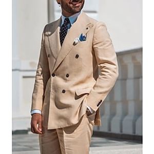 Champagne Men's Beach Wedding Linen Suits Solid Colored 2 Piece Fashion Daily Business Tailored Fit Double Breasted Six-buttons 2024 miniinthebox