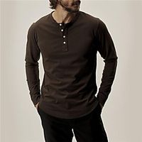 Men's T shirt Solid Colored Plus Size Henley Casual Daily Button-Down Long Sleeve Tops Basic Fashion Vintage Designer Coffee miniinthebox - thumbnail