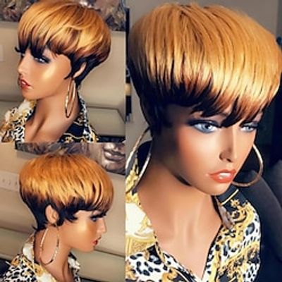 Short Human Hair Wigs for Black Women Pixie Cut Wig with Bangs Short Wigs for Black Women Brown Layered Wavy Wigs Glueless Full Machine Made Short Bob Wig Lightinthebox