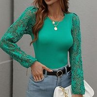 Women's Jumper Knit Knitted Lace Trims Pure Color Crew Neck Stylish Casual Outdoor Daily Winter Fall Green Pink S M L / Long Sleeve / Sweater / Regular Fit / Going out miniinthebox - thumbnail