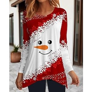 Women's T shirt Tee Christmas Shirt Red Snowman Flowing tunic Print Long Sleeve Party Christmas Weekend Festival / Holiday Christmas Round Neck Regular Fit Painting Spring   Fall miniinthebox