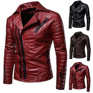 Men's Faux Leather Jacket Biker Jacket Motorcycle Jacket Durable Daily Wear Vacation To-Go Zipper Turndown Comfort Leisure Jacket Outerwear Solid  Plain Color Pocket Black Red Coffee Lightinthebox