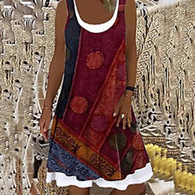 Women's Shift Dress Knee Length Dress Blue Purple Yellow Fuchsia Gray Red Sleeveless Geometric Patchwork Print Summer Halter Neck Casual 2021 S M L XL XXL 3XL miniinthebox