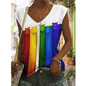 Women's Tank Top White Cat Striped Print Sleeveless Casual Basic V Neck Regular S miniinthebox