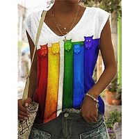 Women's Tank Top White Cat Striped Print Sleeveless Casual Basic V Neck Regular S miniinthebox - thumbnail