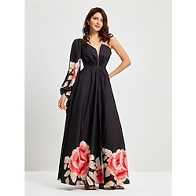 Women's Prom Dress Party Dress Dress Long Dress Maxi Dress Black Long Sleeve Floral Patchwork Spring Fall Winter One Shoulder Party Evening Party Spring Dress Wedding Guest Dress Lightinthebox