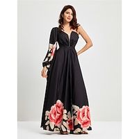 Women's Prom Dress Party Dress Dress Long Dress Maxi Dress Black Long Sleeve Floral Patchwork Spring Fall Winter One Shoulder Party Evening Party Spring Dress Wedding Guest Dress Lightinthebox - thumbnail