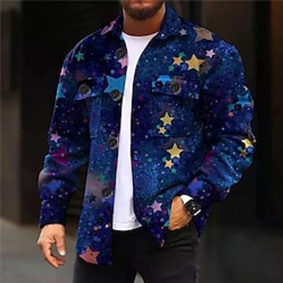 Star Casual Men's Shirt Shirt Jacket Shacket Daily Wear Going out Weekend Fall  Winter Turndown Long Sleeve Navy Blue S, M, L Polar Fleece Shirt Lightinthebox