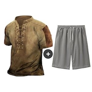 Men's T-shirt Suits Tracksuit Tennis Shirt Active Shorts and T Shirt Set Color Block Standing Collar Daily Wear Vacation Short Sleeves Lace up Patchwork Clothing Apparel 2pcs Vintage Gymnatics Casual Lightinthebox