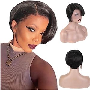 Human Hair 13x4x1 T Part Lace Front Wig Short Pixie Cut Human Hair Wig With Bangs Brazilian Remy Hair Natural Wig Straight Short Pixie Cut Wig For Black Women Lightinthebox