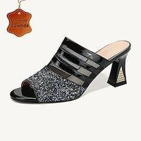 Women's Sandals Dress Shoes Wedding Party Rhinestone Chunky Heel Peep Toe Elegant Vacation Fashion Cowhide Loafer Black Beige Lightinthebox