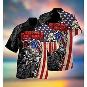 Men's Shirt Summer Hawaiian Shirt Letter Graphic Prints Fish American Flag Turndown Black Casual Holiday Short Sleeve Button-Down Print Clothing Apparel Tropical Fashion Hawaiian Soft Lightinthebox