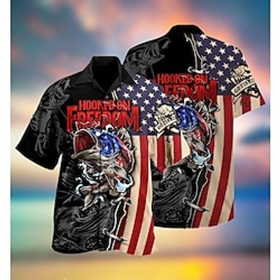 Men's Shirt Summer Hawaiian Shirt Letter Graphic Prints Fish American Flag Turndown Black Casual Holiday Short Sleeve Button-Down Print Clothing Apparel Tropical Fashion Hawaiian Soft Lightinthebox