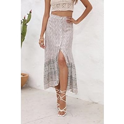 Women's Swing Long Skirt Maxi Polyester Red Orange Green Skirts Split Ends Print coastalgrandmastyle Beach Wear Boho Summer Vacation Beach S M L miniinthebox