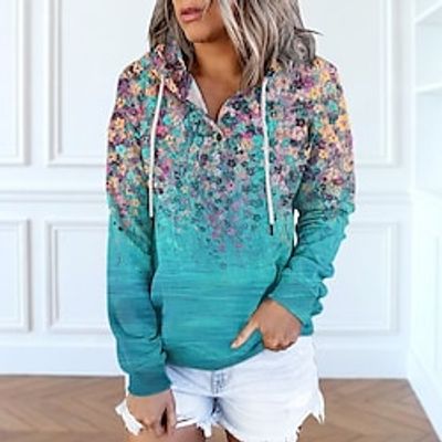 Women's Hoodie Pullover Button Up Hoodie Active Streetwear Front Pocket Print Green Blue Pink Floral Casual Hooded Long Sleeve S M L XL XXL / 3D Print miniinthebox