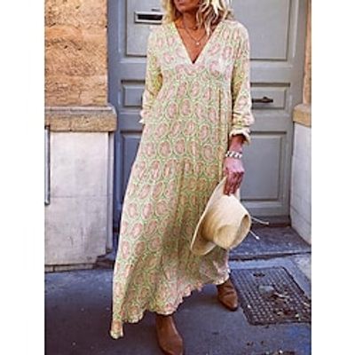 Women's Long Dress Maxi Dress Casual Dress Swing Dress Boho Dress Floral Fashion Casual Outdoor Daily Holiday Loose Print Long Sleeve V Neck Dress Loose Fit Yellow Pink Blue Spring Summer S M L XL XXL Lightinthebox