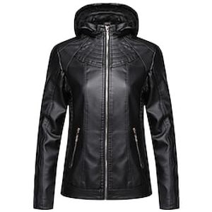 Women's Faux Leather Jacket Hoodie Jacket Waterproof Windproof Outdoor Street Daily Vacation Zipper Pocket Zipper Hoodie Chic  Modern Modern Solid Color Regular Fit Outerwear Long Sleeve Winter Fall Lightinthebox