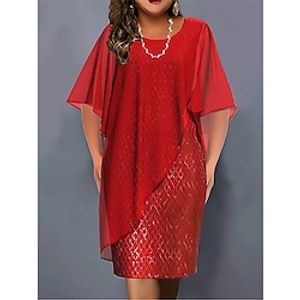 Women's Plus Size Curve Party Dress Sequin Dress Cocktail Dress Plain Midi Dress Half Sleeve Ruffle Patchwork Crew Neck Fashion Party Red Fall Winter L XL XXL 3XL 4XL Lightinthebox