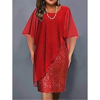 Women's Plus Size Curve Party Dress Sequin Dress Cocktail Dress Plain Midi Dress Half Sleeve Ruffle Patchwork Crew Neck Fashion Party Red Fall Winter L XL XXL 3XL 4XL Lightinthebox - thumbnail